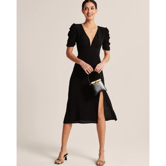 NWT Abercrombie Cinch Sleeve Cut Out Midi Dress L Black LBD Wedding Holiday Chic - Picture 1 of 15